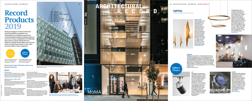 three pages from architectural record magazine best products issue featuring lightglass